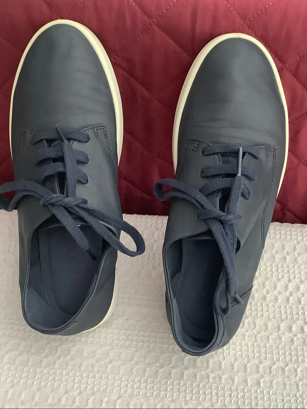 Ecco Navy Leather Lace-Up Sneakers with Cream Soles